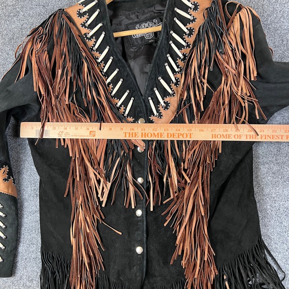 Leather Gallery Jacket Womens XL Black Suede Fringe Western Bone Studded Cowgirl - Picture 11 of 13